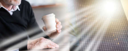 Businessman holding a paper coffee cup during break; multiple exposure
