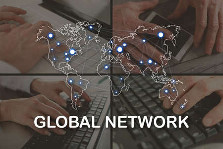 Global network concept illustrated by pictures on background