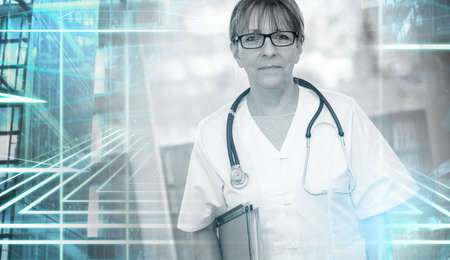 Portrait of female doctor standing and holding a folder; light effect; multiple exposure