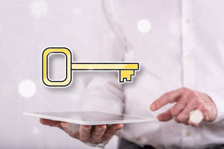 Solution concept above a tablet held by a man in background