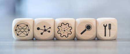Concept of network management with icons on wooden cubes