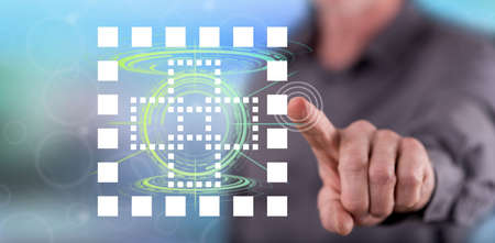 Man touching a blockchain concept on a touch screen with his finger