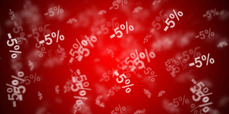 Flying -5% discount symbols over red backgroundの写真素材