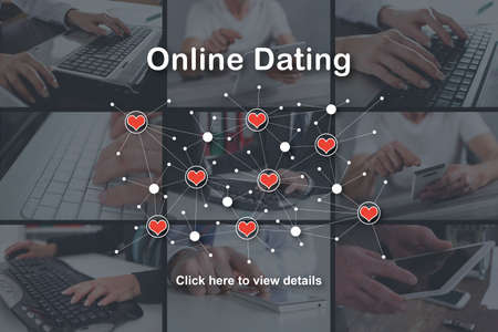 Online dating concept illustrated by pictures on backgroundの写真素材