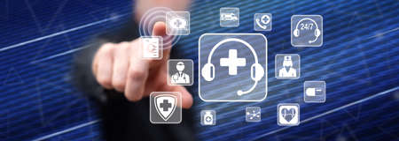 Man touching an online medical support concept on a touch screen with his finger