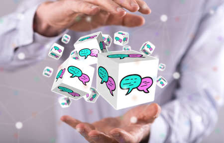 Communication concept between hands of a man in background