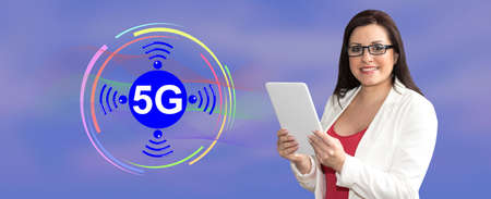 Woman using digital tablet with 5g concept on background