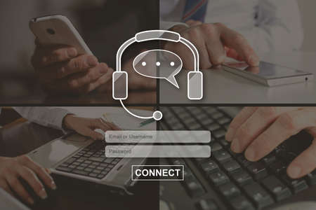 Phone support concept illustrated by pictures on background