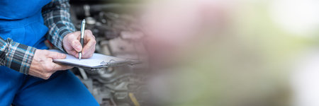 Car mechanic checking a car engine and writing on clipboard; panoramic banner