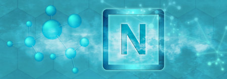N symbol. Nitrogen chemical element with molecule and network on blue backgroundの写真素材