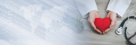 Red heart in hands of doctor; health insurance concept; panoramic banner