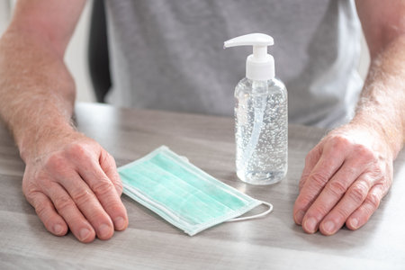 Concept of prevention of virus and bacteria infection with sanitizer and medical face maskの写真素材