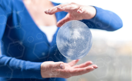 Global connection concept between hands of a woman in background