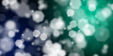 Flying heptagonal shapes over dark blue and light green background