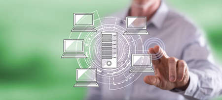 Man touching a hosting concept on a touch screen with his finger