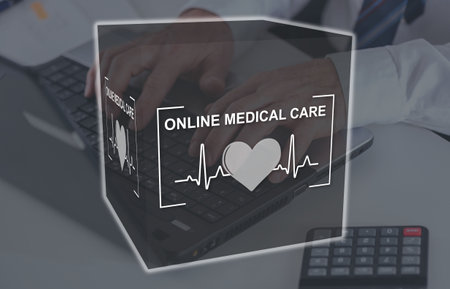 Online medical care concept illustrated by a picture on backgroundの写真素材