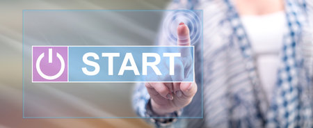 Woman touching a start concept on a touch screen with her finger