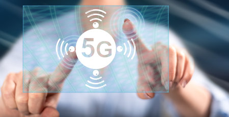 Woman touching a 5g concept on a touch screen with her fingers
