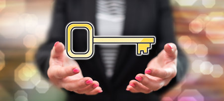 Solution concept above the hands of a woman in backgroundの写真素材
