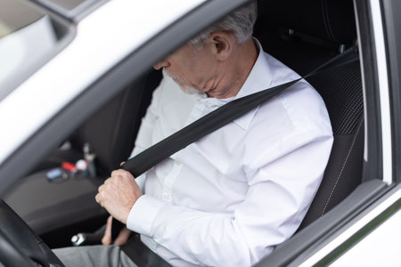 Man fastening seat belt in car
