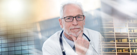 Portrait of male senior doctor looking the camera; multiple exposureの写真素材