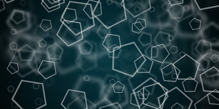 Flying pentagonal shapes over dark blue background