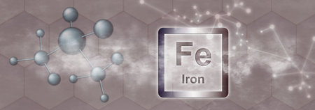 Fe symbol. Iron chemical element with molecule and network on gray backgroundの写真素材