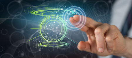 Man touching a technology concept on a touch screen with his finger