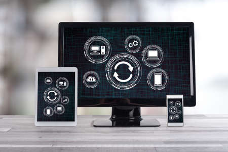System update concept shown on different information technology devices