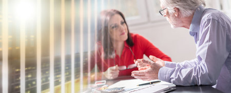 Businesspeople working together in office, light effect; multiple exposure
