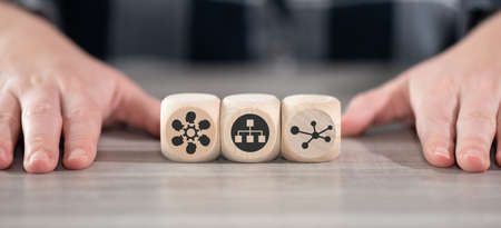 Concept of network marketing with icons on wooden cubesの写真素材