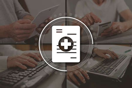 Medical record concept illustrated by pictures on background