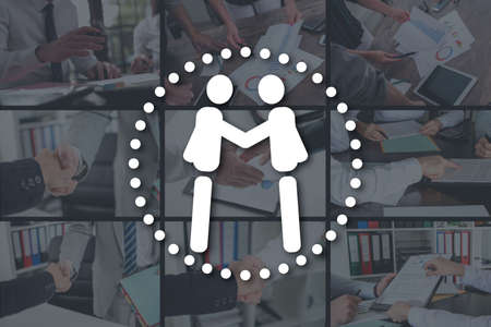 Business partnership concept illustrated by pictures on background