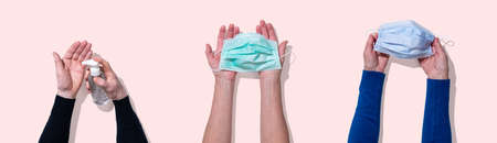 Hands holding face mask and using sanitizer bottle dispenser for  preventive measure on pale beige background; top viewの写真素材