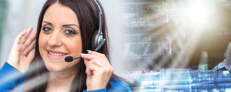 Smiling pretty woman using a headset; multiple exposure