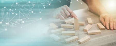 Symbol of candidate choice with wooden blocks; recruitment concept; panoramic banner