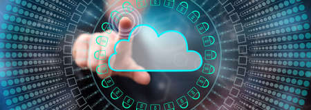 Man touching a cloud networking concept on a touch screen with his finger