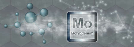 Mo symbol. Molybdenum chemical element with molecule and network on gray backgroundの写真素材