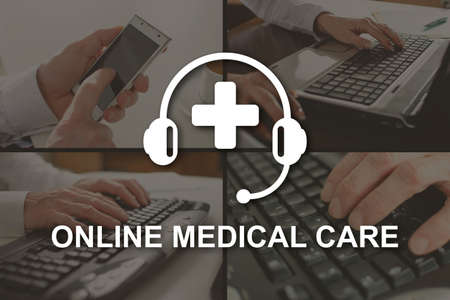 Online medical care concept illustrated by pictures on backgroundの写真素材