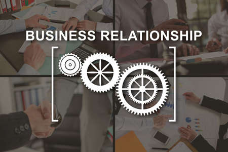 Business relationship concept illustrated by pictures on backgroundの写真素材