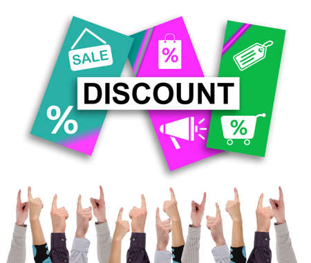 Discount concept on white background pointed by several fingers