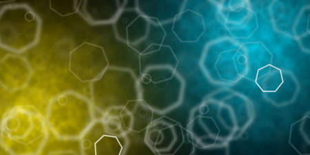 Flying heptagonal shapes over yellow and light blue background
