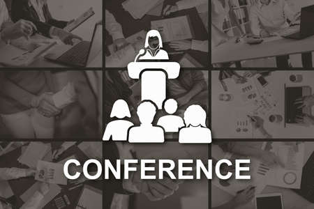 Conference concept illustrated by pictures on backgroundの写真素材
