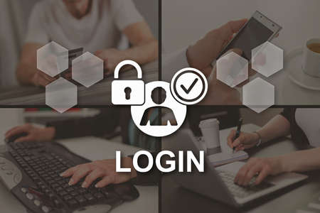 Login concept illustrated by pictures on backgroundの写真素材
