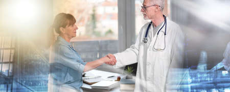 Female doctor shaking hands with her patient; multiple exposure