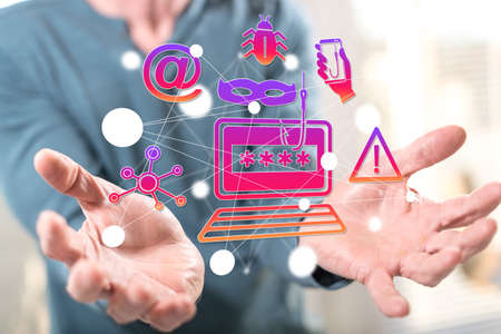 Phishing concept above the hands of a man in background