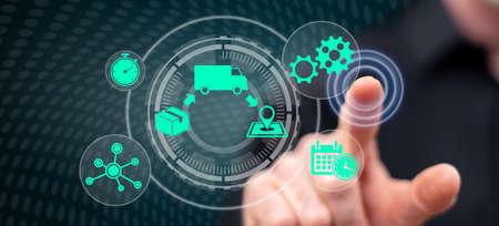 Man touching a delivery concept on a touch screen with his finger