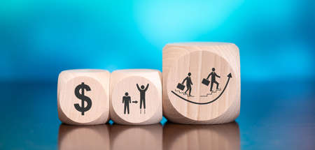 Wooden blocks with symbol of recovery concept on blue backgroundの写真素材