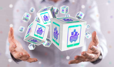 E-commerce concept above the hands of a man in background