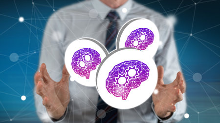 Deep learning concept between hands of a man in background